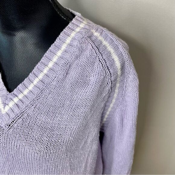 Silvercord Sweater Vintage Knit V Neck Stripe Cotton Blend Purple White Large - Picture 3 of 10